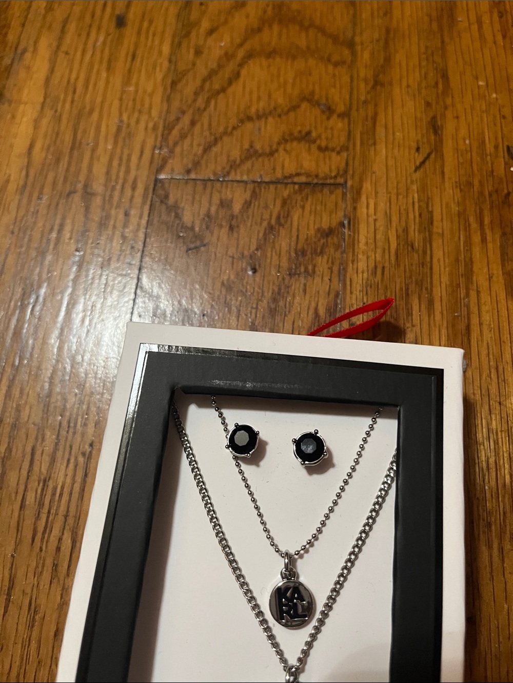 NWT Karl Lagerfeld 3 Piece Set Silver Necklaces and Black Enamel Stud Earrings - Picture 5 of 6